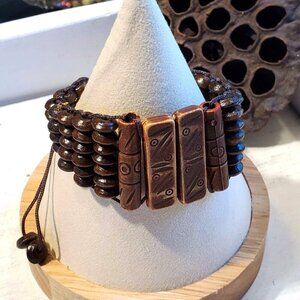 Vintage 90s Y2K Brown Tribal Patterns Wood Acrylic OSFA Adjustable Bracelet